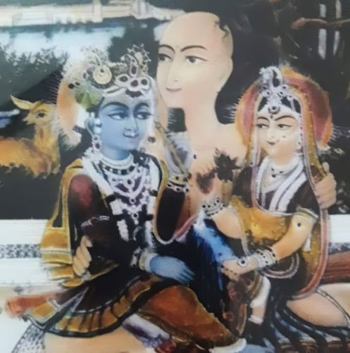 Amazing Portrait of Rasik saint Swami Haridas with Shri Radha Krishn performing Vihar on His Lap.