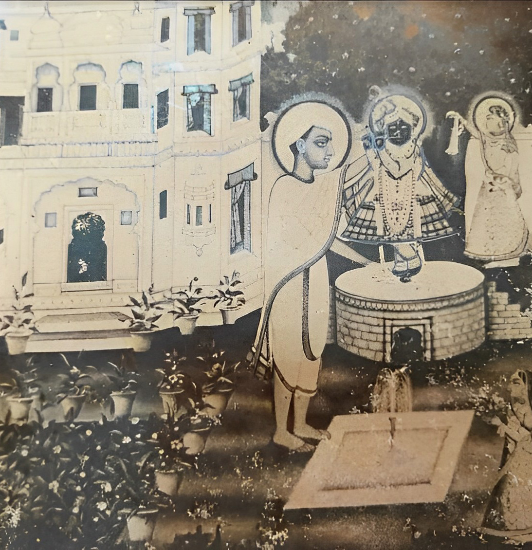 Old Painting of Shri Hita Harivansh Mahaprabhu with manifested Shri Navrangi Lal from an old well.