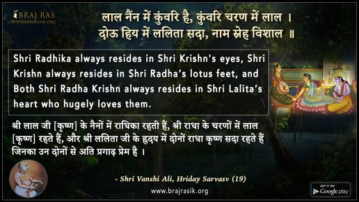 लाल नैंन में कुंवरि है, कुंवरि चरण में लाल -  श्री वंशी अलि, हृदय सर्वस्व (19)