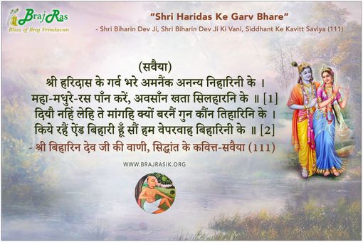 श्री हरिदास के गर्व भरे  - श्री बिहारिन देव जी की वाणी, सिद्धांत के कवित्त-सवैया (111)