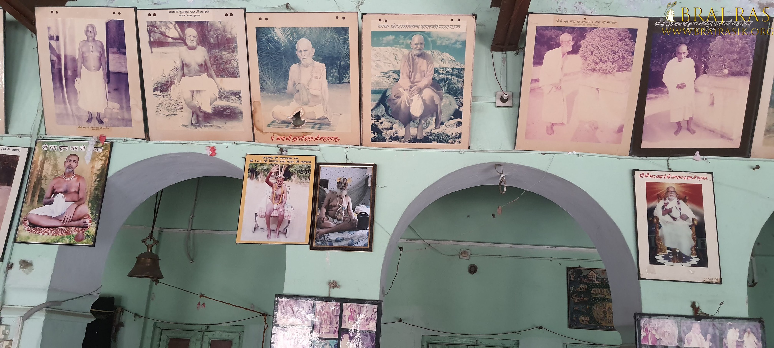 A calm view of the photos of the divine Saints who lived in Bhagwat Niwas, Vrindavan.