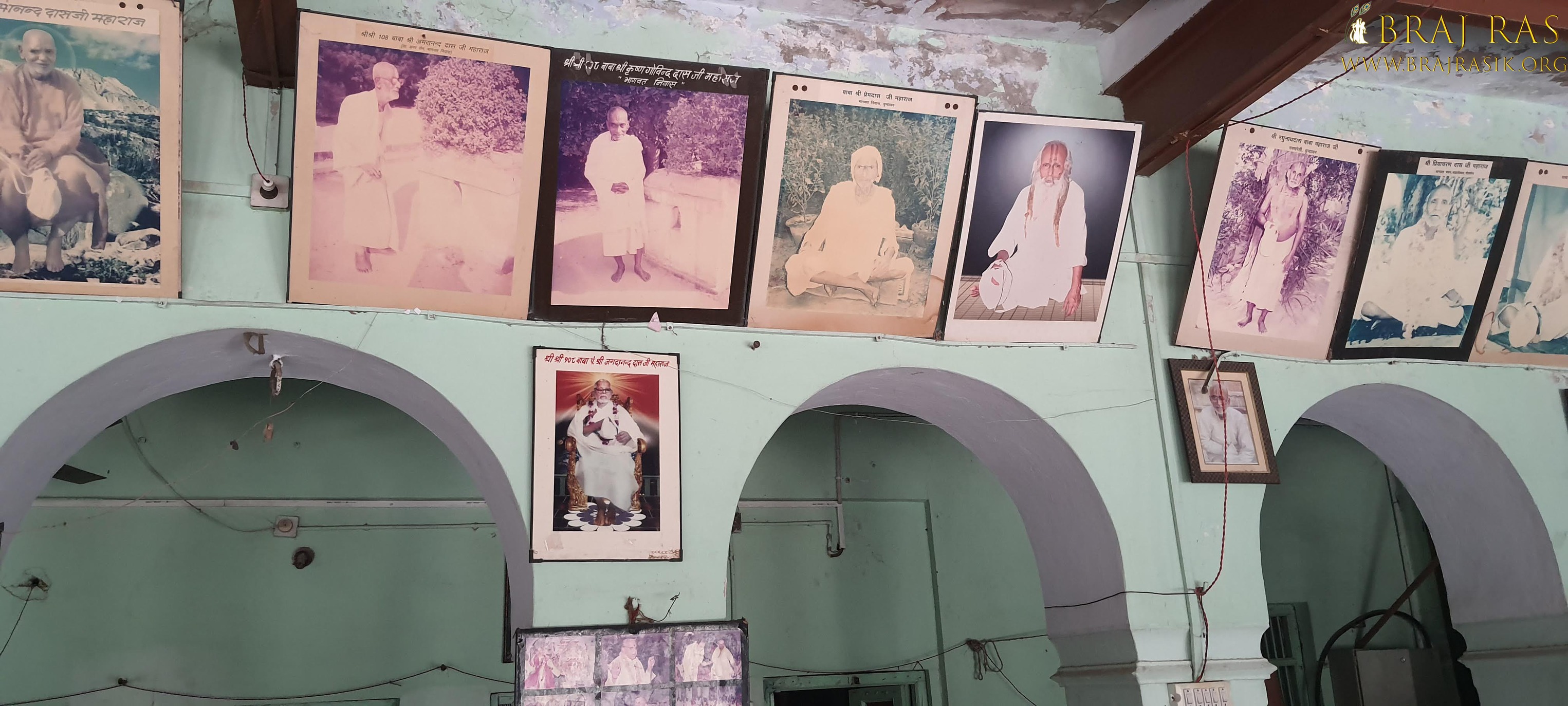 A nice view of the photos of the divine Saints who lived in Bhagwat Niwas, Vrindavan.