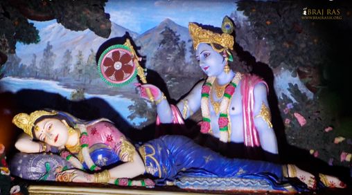 Shri Krishna fanning Shri Radha with a fly whisk at Rangeeli Mahal, Barsana, Braj.