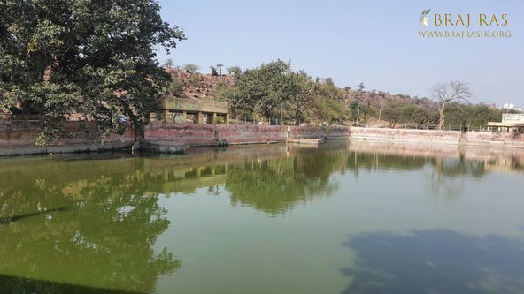 View of Govardhan Hill behind Govind Kund, Govardhan.