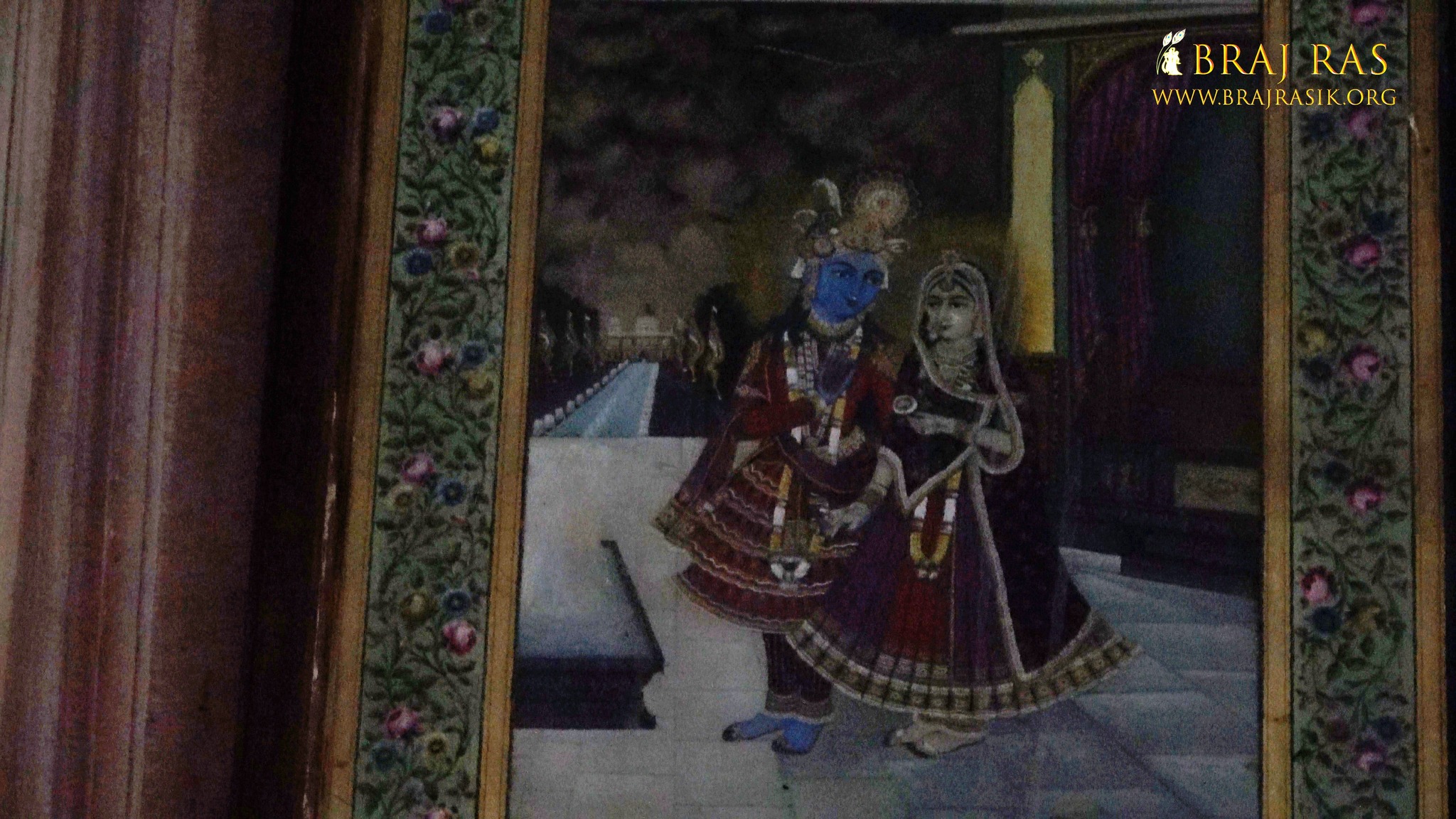 View of a picture of Shri Radha Krishna in Jaipur Temple, Vrindavan.