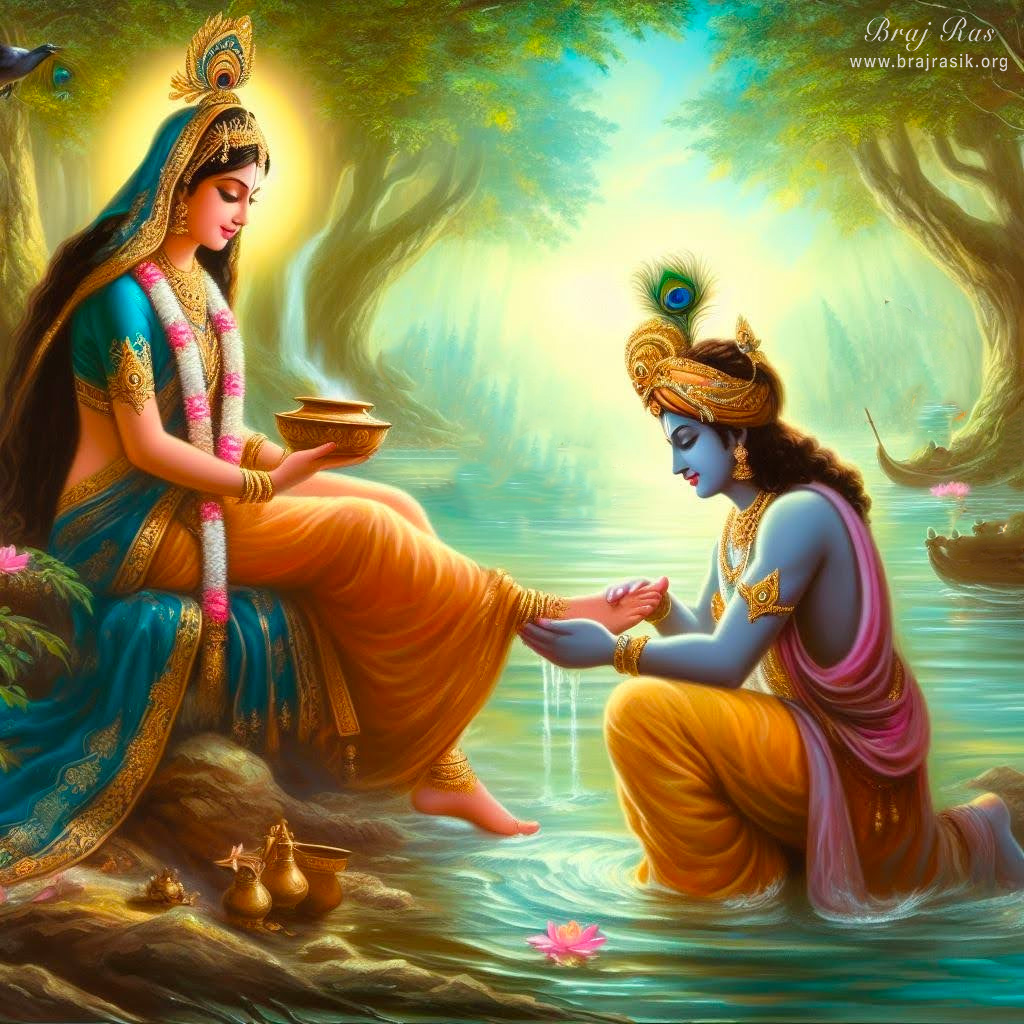 In these divine pastimes, Shri Krishna delicately washes Sri Radha's feet with water, skillfully massaging them with utmost care.