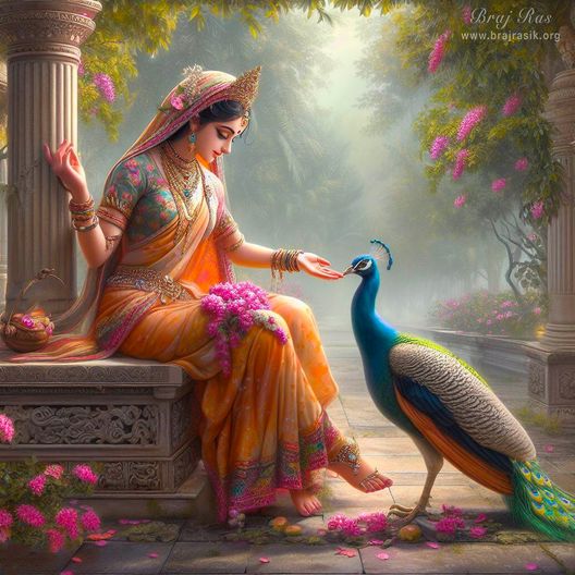 Sri Radha gracefully adorned, accompanied by a peacock.
