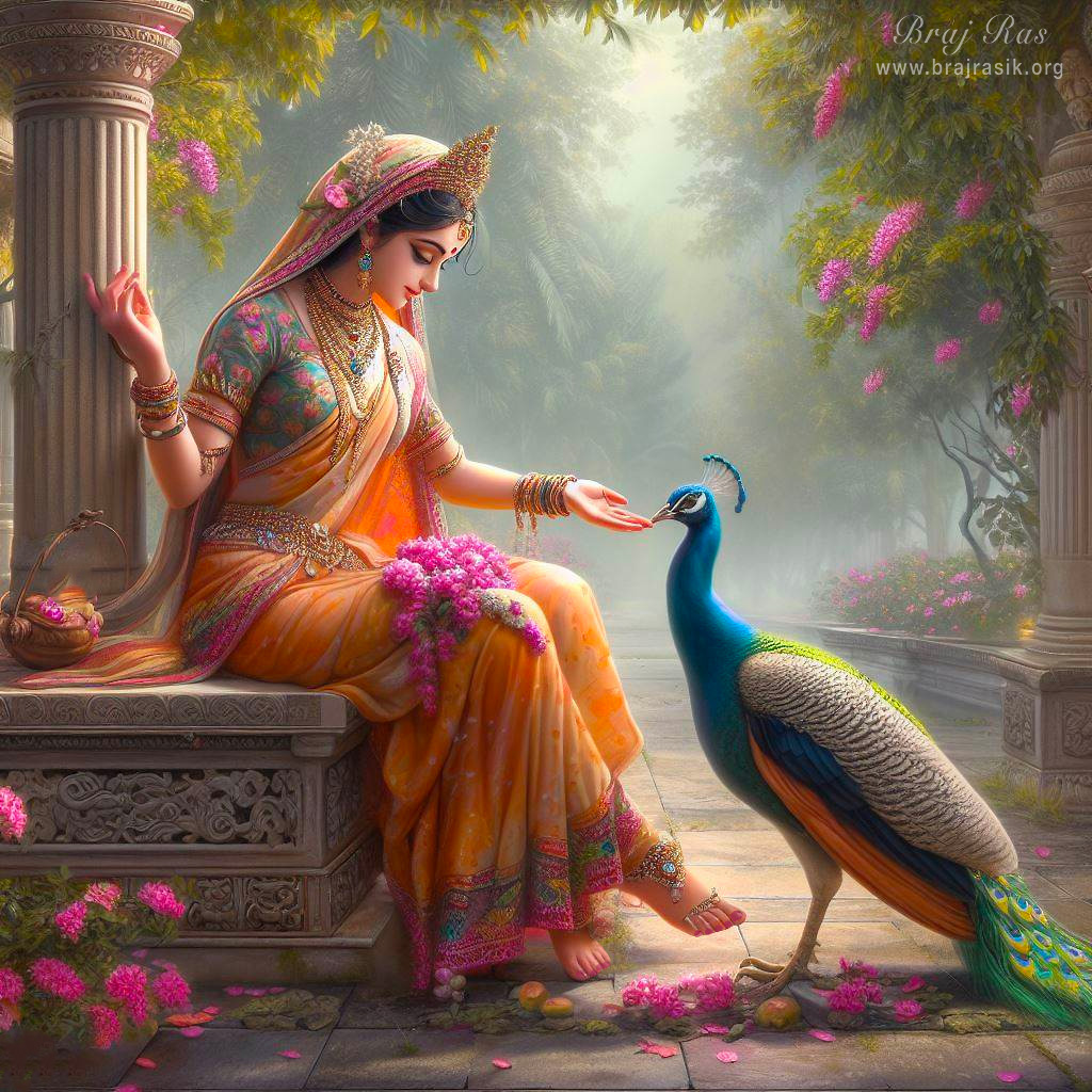 Sri Radha gracefully adorned, accompanied by a peacock.