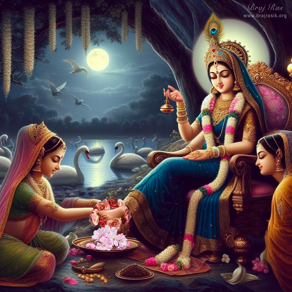 Sri Radha sitting in a relaxed mood, and Her Sahacharis serving Her lotus feet with fresh flowers, on the shore of the Yamuna river, under the shade of a tree, in the full moonlight in the Vrindavan forest.