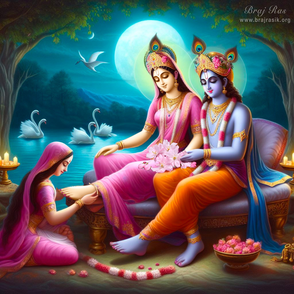 A Sachari serving Shri Radha Krishna, gracefully adorning Sri Radha's feet with ornament,  amidst the forest bowers, under the shade of a tree, at the bank of Yamuna, in full moonlight in Vrindavan.