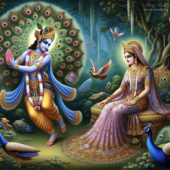 This is a portrayal of Mor Kuti Leela in Barsana, featuring Sri Krishna dancing in the guise of a peacock to end Shri Radha's sulk. Despite various attempts, Krishna couldn't pacify Radha's sulking until he performed a dance in peacock attire.