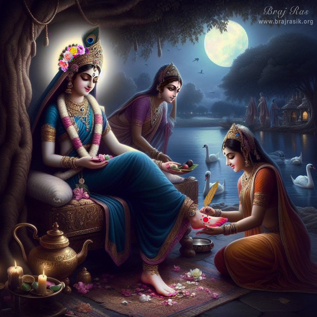 On the banks of the Yamuna in Vrindavan, Sri Radha sits beneath a tree, one maid adorning her lotus feet with mahavar, and another offering Her betel leaf.