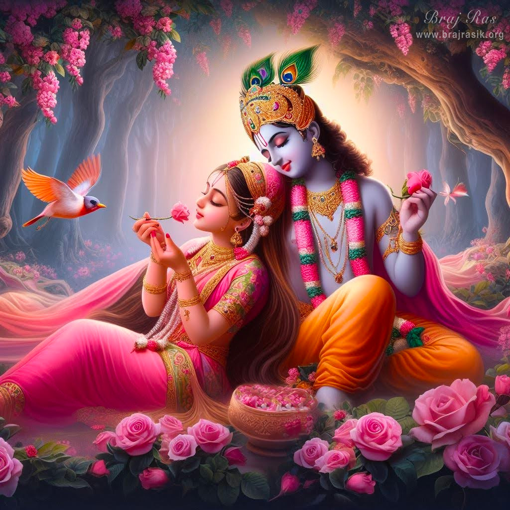 The divine couple, Sri Radha Krishn sitting in a forest garden holding a flower.