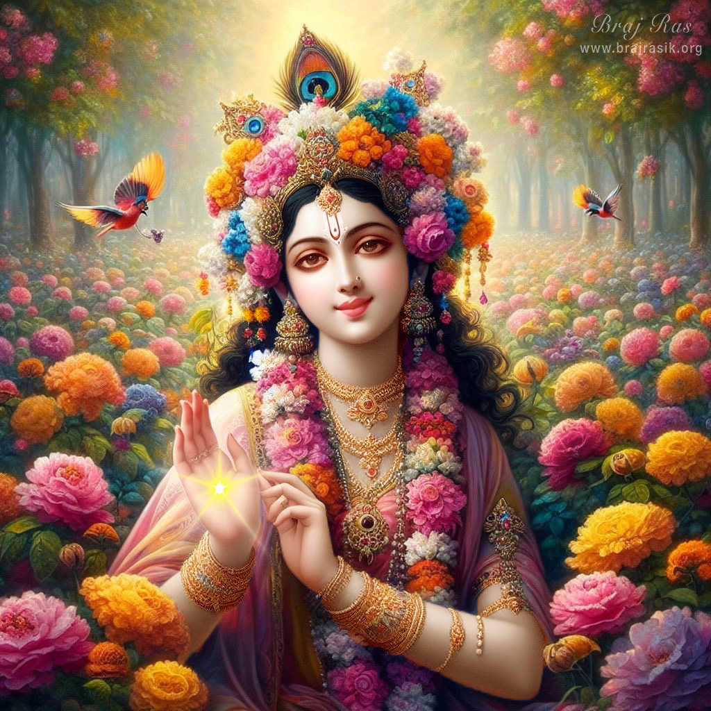 Sri Radhika, gracefully stands in a flower-filled forest bower of Vrindavan, bestowing blessings with raised hands.