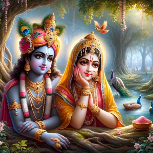 In a secluded grove, Sri Radha Krishna in a serene thoughtfulness