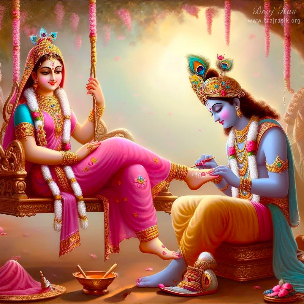 Sri Krishna serves the lotus feet of Sri Radha by adorning them with 'Mahavar,' a red color enhanced with rouge.