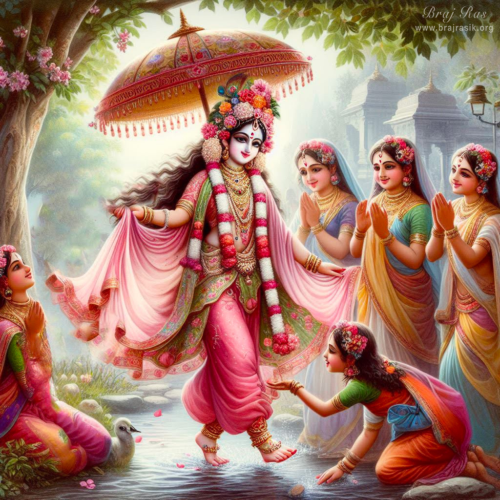 Glimpses of Sri Radha beneath a graceful canopy, surrounded by her intimate companions, the Sakhis.
