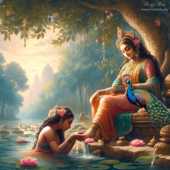 Sri Yamunaji delicately washing the lotus feet of Sri Radhika, in Vrindavan.