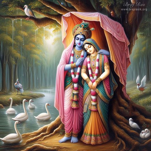  The divine couple, Shri Shyama Shyam, alongside the riverbank, seeks refuge beneath a canopy under a tree as the rain gently falls.