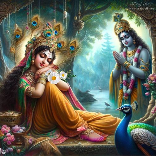 In the midst of Sri Radha's maan pastime, Sri Krishna consoles her tenderly, praying with folded hands.