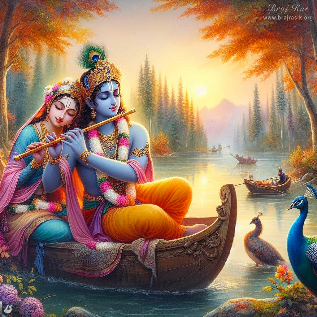 Shri Krishna playing flute with Sri Radha.