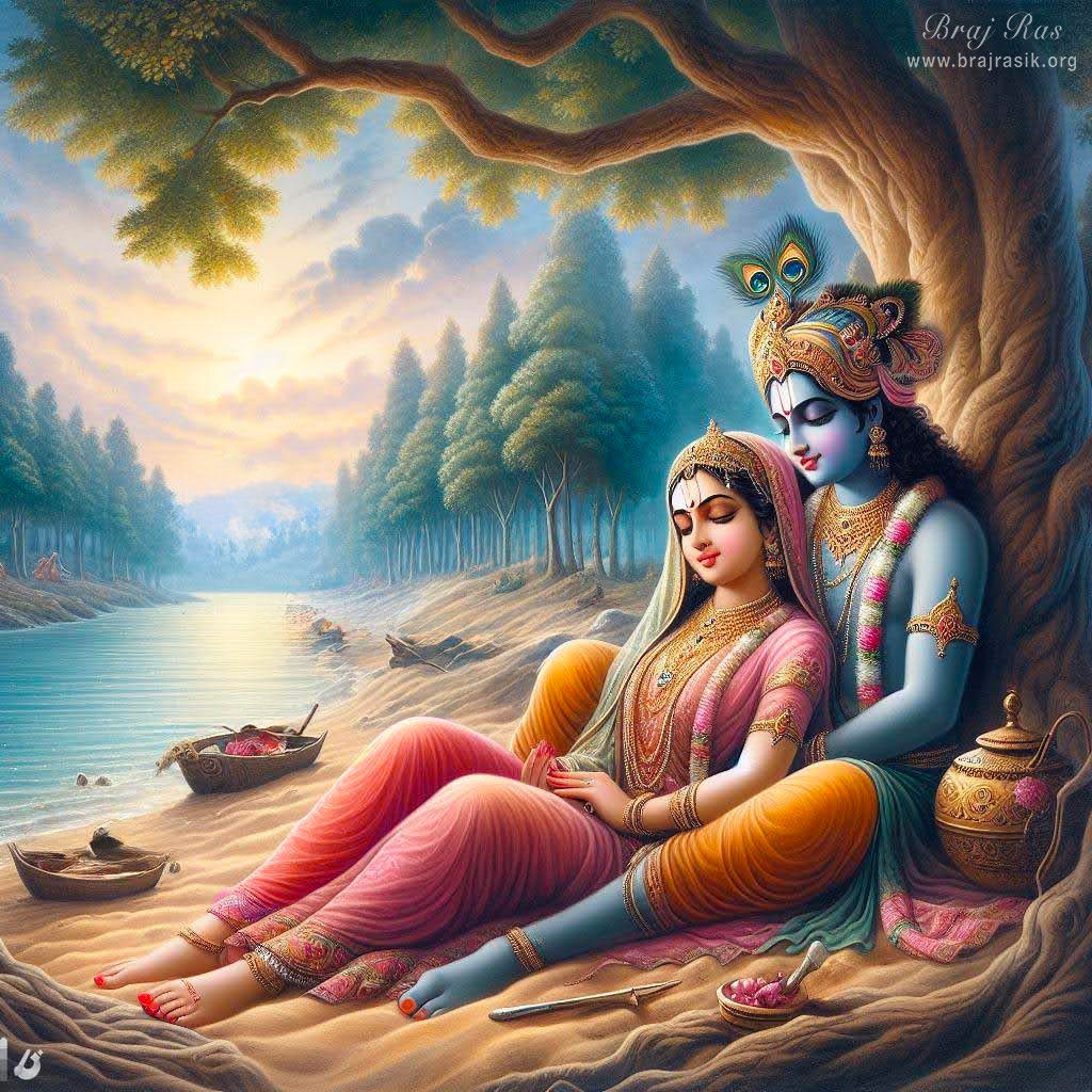 The divine couple Sri Radha Krishna resting under a tree, at the bank of river Yamuna, in Vrindavan.