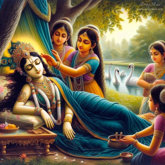 Resting gracefully, Sri Radha is served by her dedicated Sahcharis.