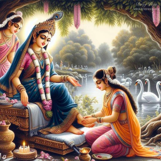 A Sakhi serving Sri Radha's lotus feet.