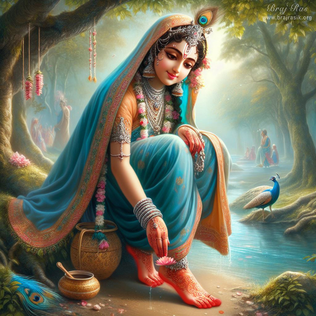 Sri Radha with light blue garments and a peacock feather, is sitting under a tree, her feet adorned with red henna, on the bank of Yamuna in Vrindavan.