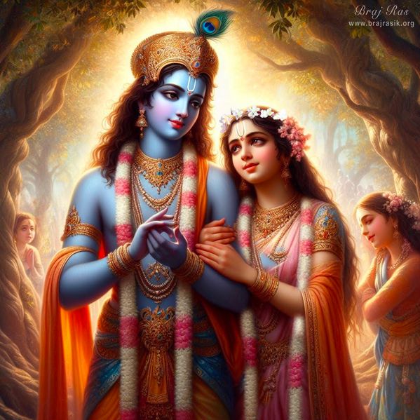 The divine couple, Sri Radha Krishna, walking together from the Kunjas of Vrindavana.