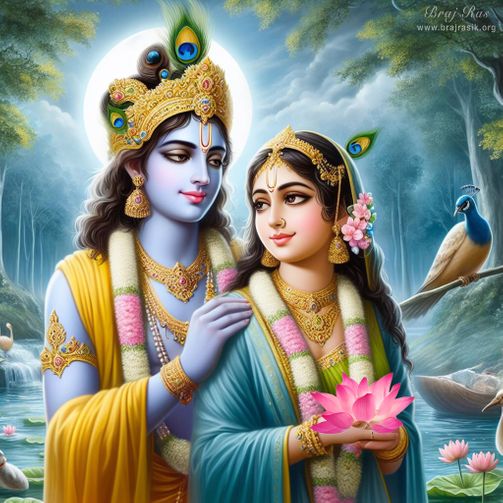 The divine couple, Sri Radha Krishna, with Sri Radha delicately holding a lotus, stands by the banks of the Yamuna in Vrindavan.