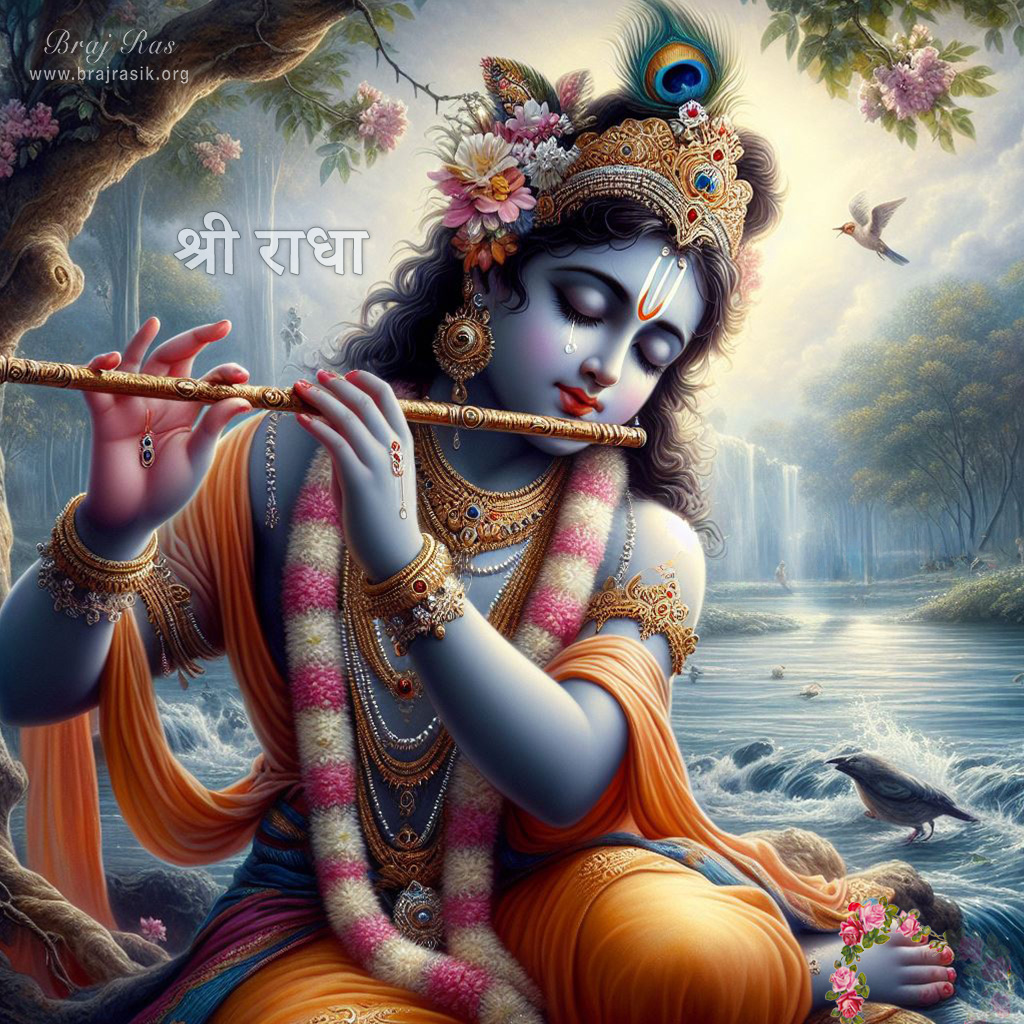 Sri Krishna, with tears in His eyes, melodiously intones the name of Sri Radha through His flute.