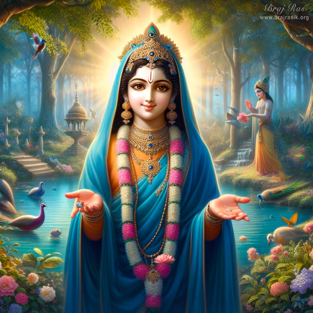 A portrayal of Shri Radha Rani eagerly awaits Her devotee with Her open arms.
