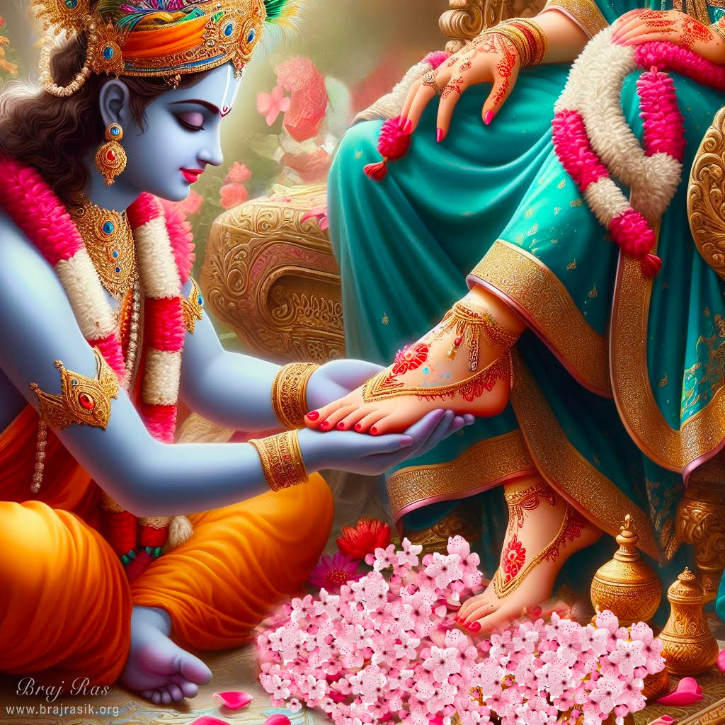 Sri Krishna serving lotus feet of Sri Radha while she is seated in her throne.