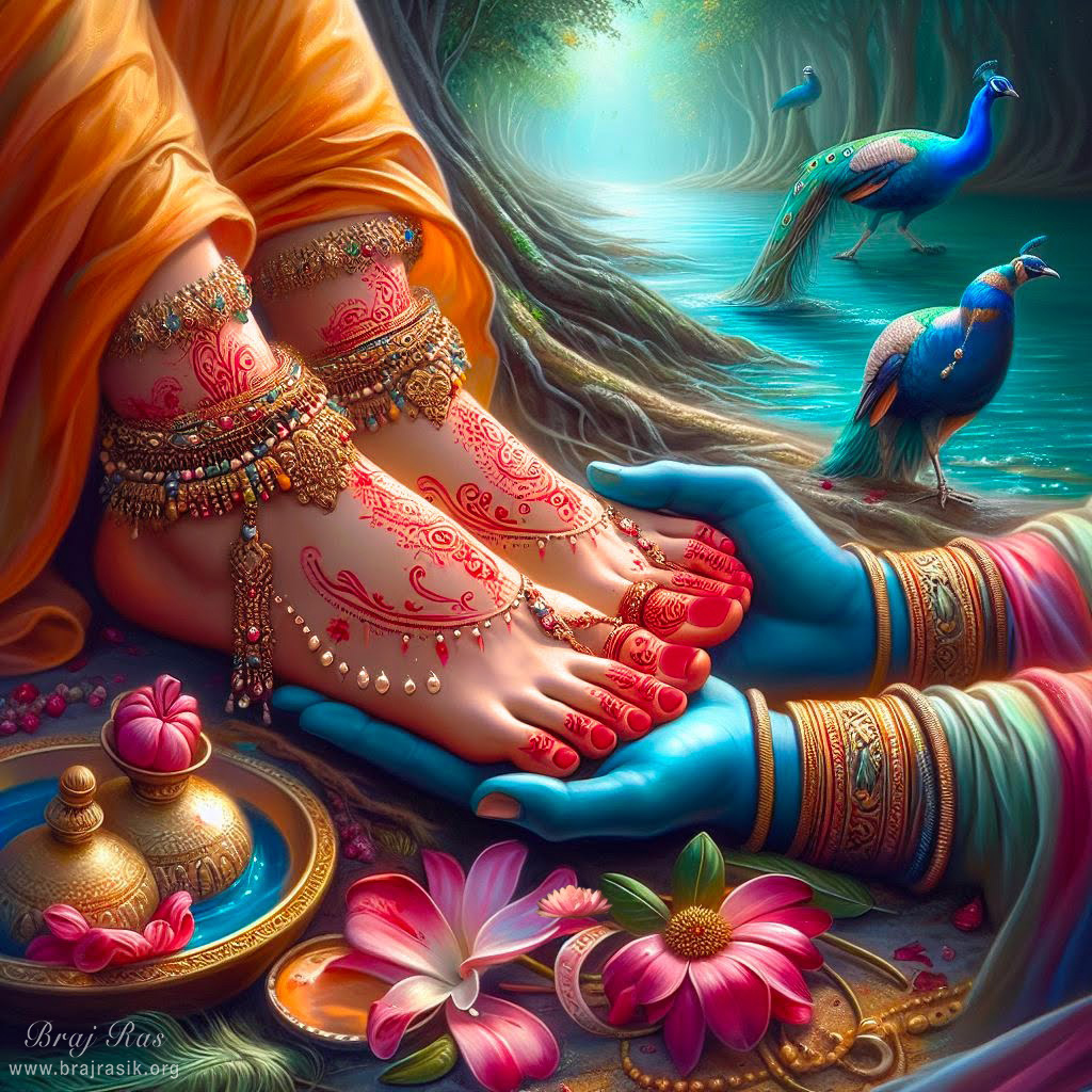 Sri Krishna holding and serving the lotus feet of Sri Radha on the shore of Yamuna's river, in Vrindavan.