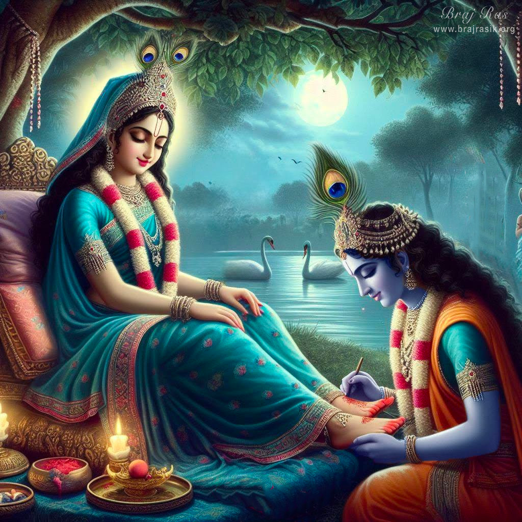 Shri Krishna disguises himself as a Sakhi (maiden) and lovingly serves the lotus feet of Shri Radharani by applying red Henna.  Checkout wallpapers here: https://brajrasik.org/media/retouched-radha-krishn-photos