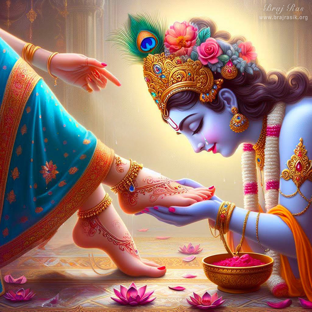 Sri Krishna, immersed in love, serves Sri Radha's lotus feet with tears in his eyes.