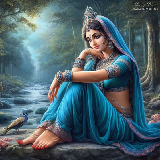 Sri Radhika, in a blue attire, lost in a moment of calmness.