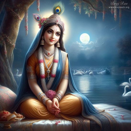 Sri Radha sits by the moonlit Yamuna in Vrindavan.