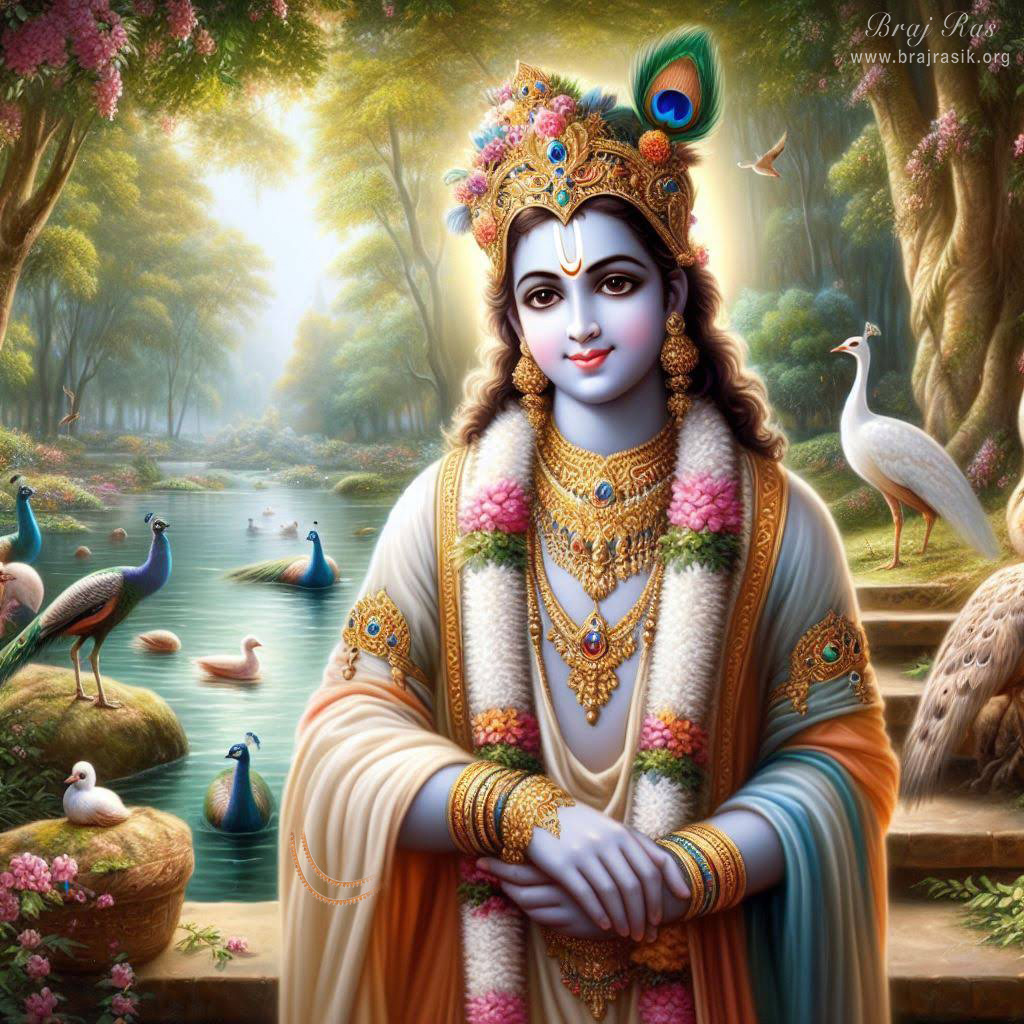 Shri Krishna, serenely standing on the stairs of a pond in the forest bower, mild smiling, flower trees all around, with peacocks in the background.