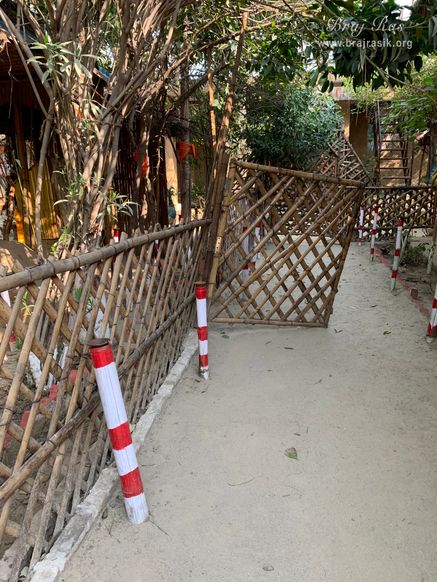 View of beautiful bamboo fencing inside Nikunj Van at Shri Anandam Dham, Vrindavan.
