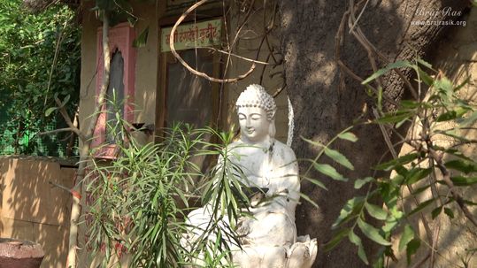 Statue of Lord Gautam Buddha outside the Kunj of Rangdevi Sakhi inside Nikunj Van at Shri Anandam Dham, Vrindavan.