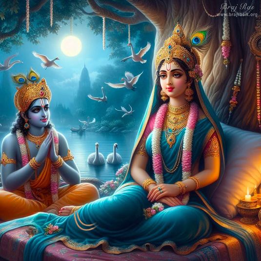 Sri Krishna with folded hands, and His loving glance fixed upon Sri Radha, sitting under a tree in a resting bed in Vrindavan, alongside Yamuna in full moonlight.
