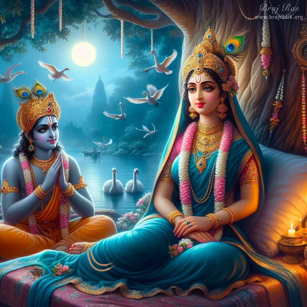Sri Krishna with folded hands, and His loving glance fixed upon Sri Radha, sitting under a tree in a resting bed in Vrindavan, alongside Yamuna in full moonlight.