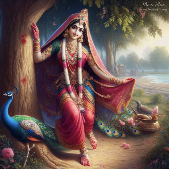 Sri Radhika stands upon the sands of Vrindavan under a tree, by the Yamuna's shore.