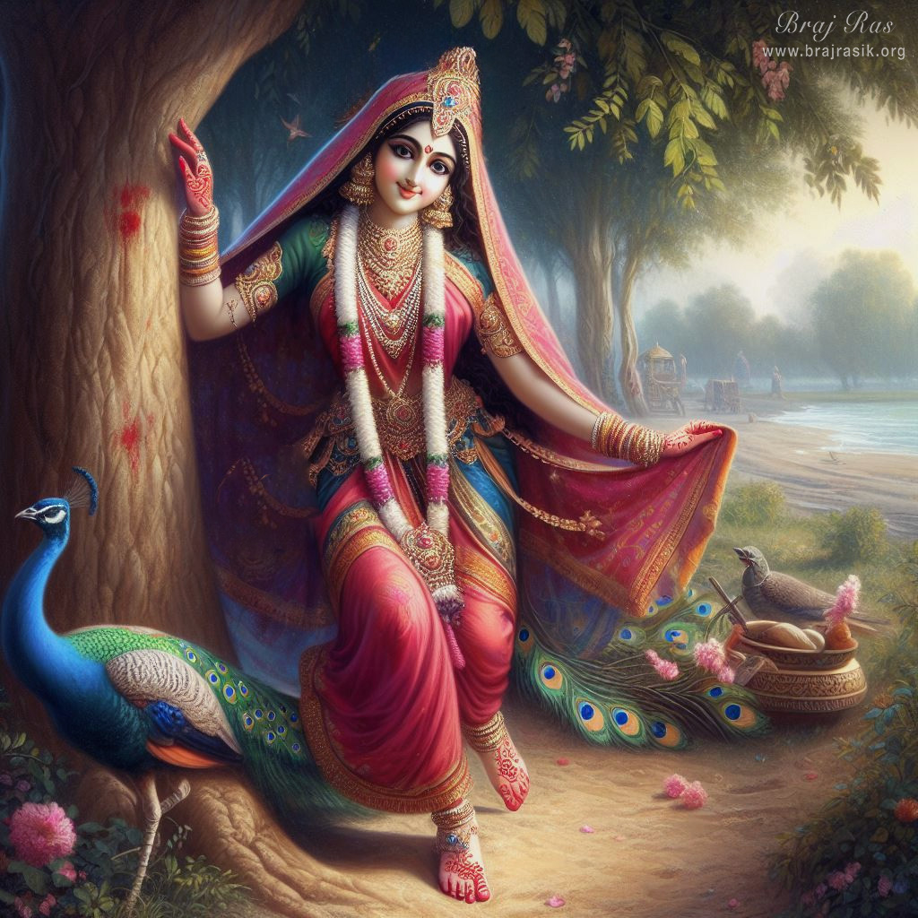 Sri Radhika stands upon the sands of Vrindavan under a tree, by the Yamuna's shore.
