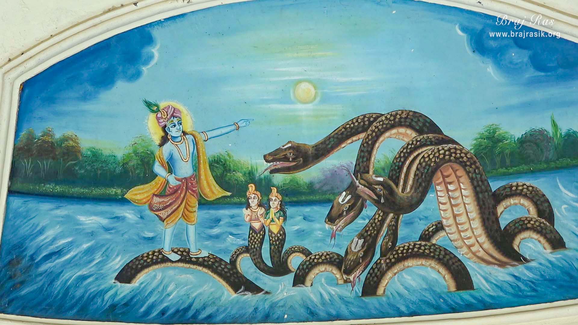View of a painting on the wall of Kaliya Naag Temple in Jaint, depicting the pastimes of Shri Krishna instructing Kaliya Serpent to leave Yamuna.