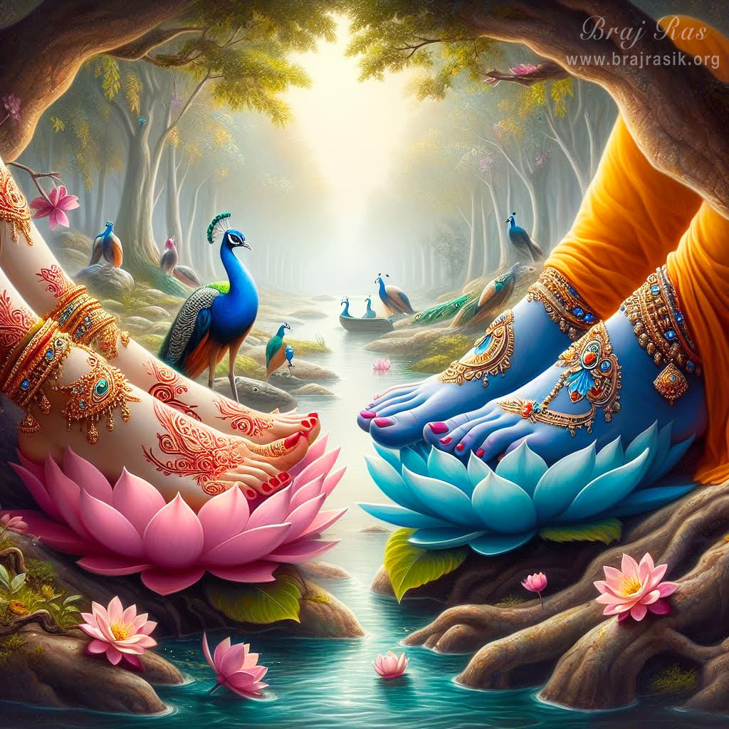 Enchanting feet of divine couple Sri Radha Krishna resting over the lotus under the shade of the tree.