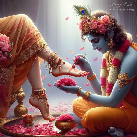 Sri Krishna serving the lotus feet of Sri Radha like a devoted servant
