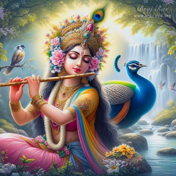 Sri Radhika playing flute, fully engrossed, eyes closed, peacock in the background.